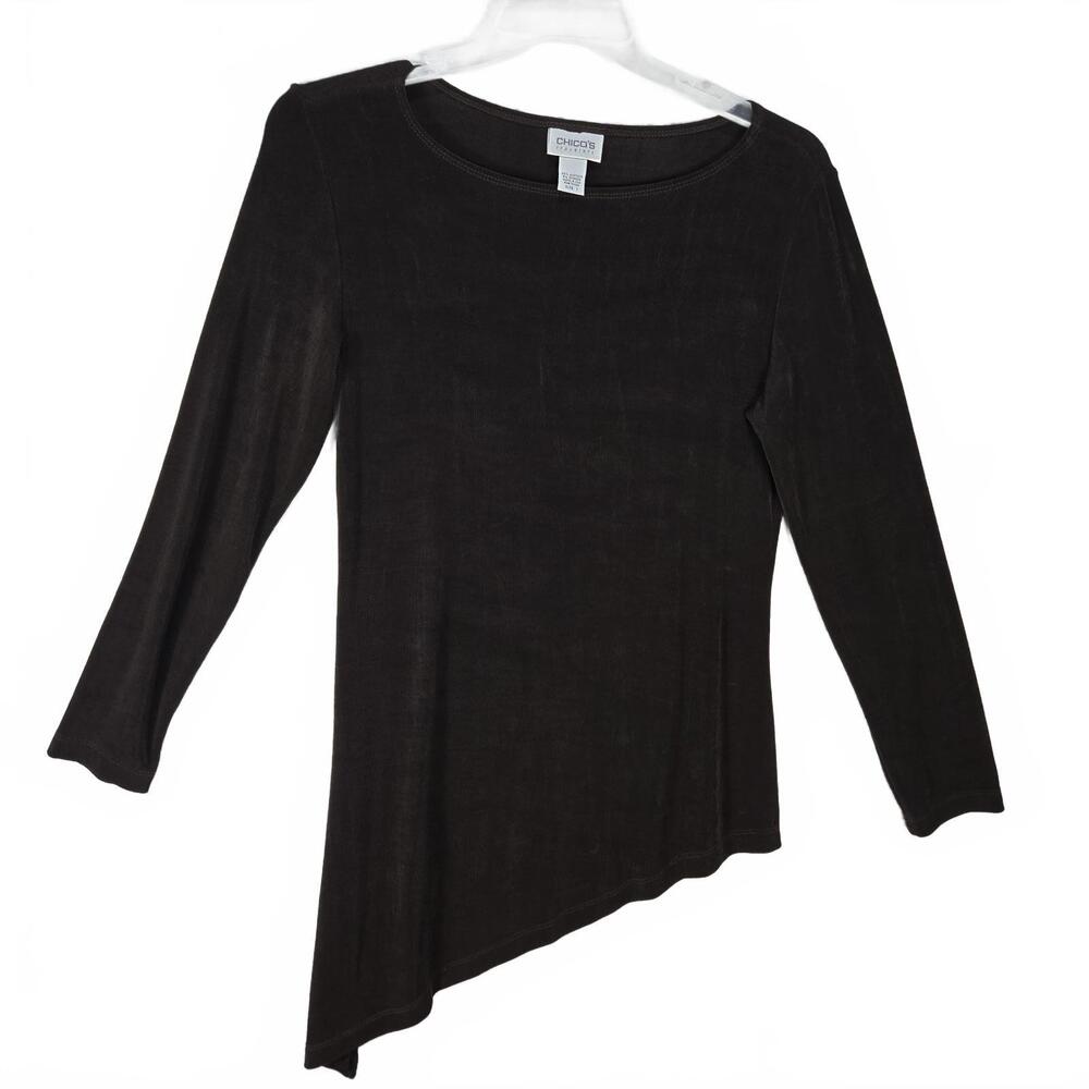 Chico's Travelers Deep Brown Asymmetrical Ribbed Knit Tunic Top Women's Size M